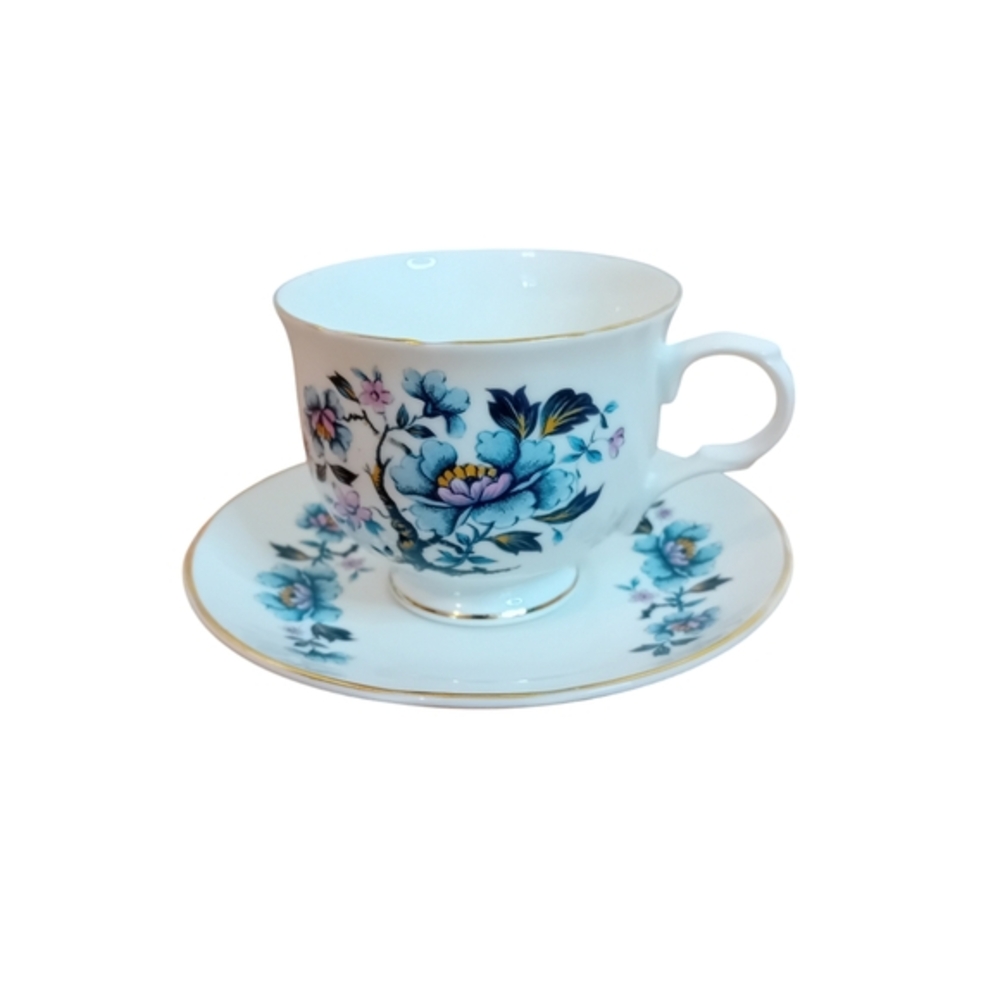 Vintage Wellington Sadler Tea Set Cup & Saucer Blue Purple Flowers‎ On Tree Bone